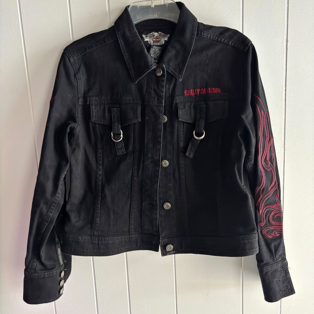 Harley-Davidson Ladies Size M Red Embroidered Black Denim Cycle Jacket #V